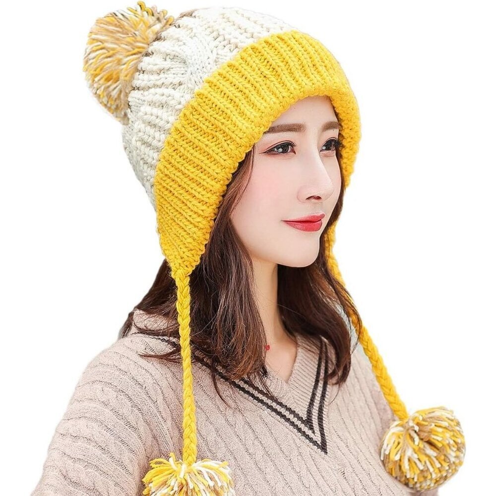Women Beige Yellow Winter Peruvian Cover Ears Beanie Hat Ear Flaps Sherpa  Snow
